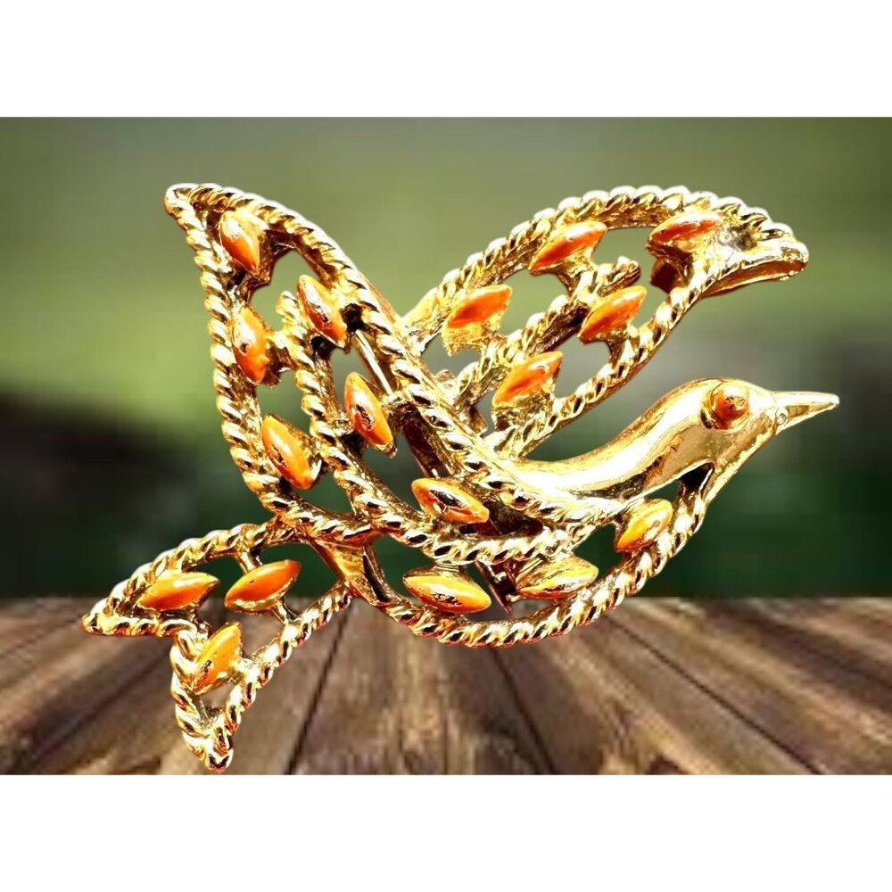 Vintage Gerrys Peace Dove Brooch Pin Faux Coral Beads Gold Tone Open Cut…
